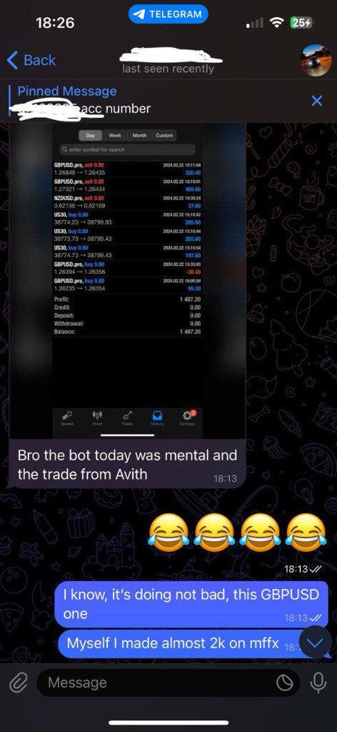 Telegram pokalbis su finansuojamos sąskaitos rezultatais